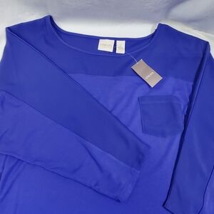 Chico's NWT Kylie Tyrian Purple Timeless 3/4 Sleeve Knit/Chiffon Trim Top 2/Lg